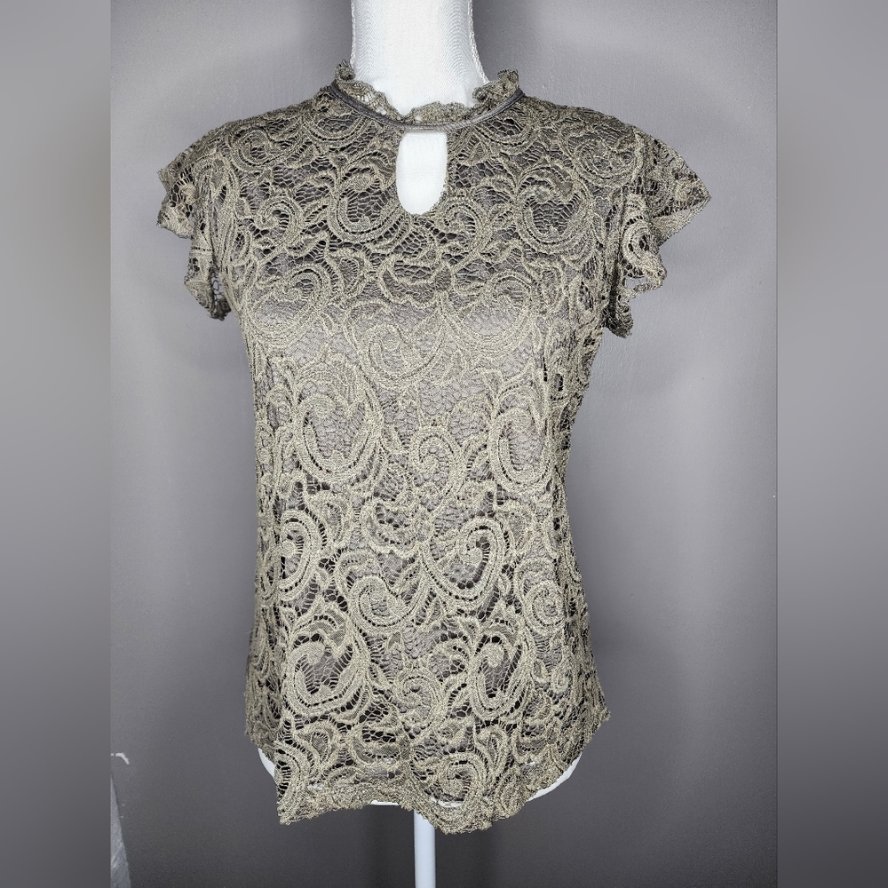 PerSeption Concept Cap Sleeve Lace Green Blouse. Size Small
